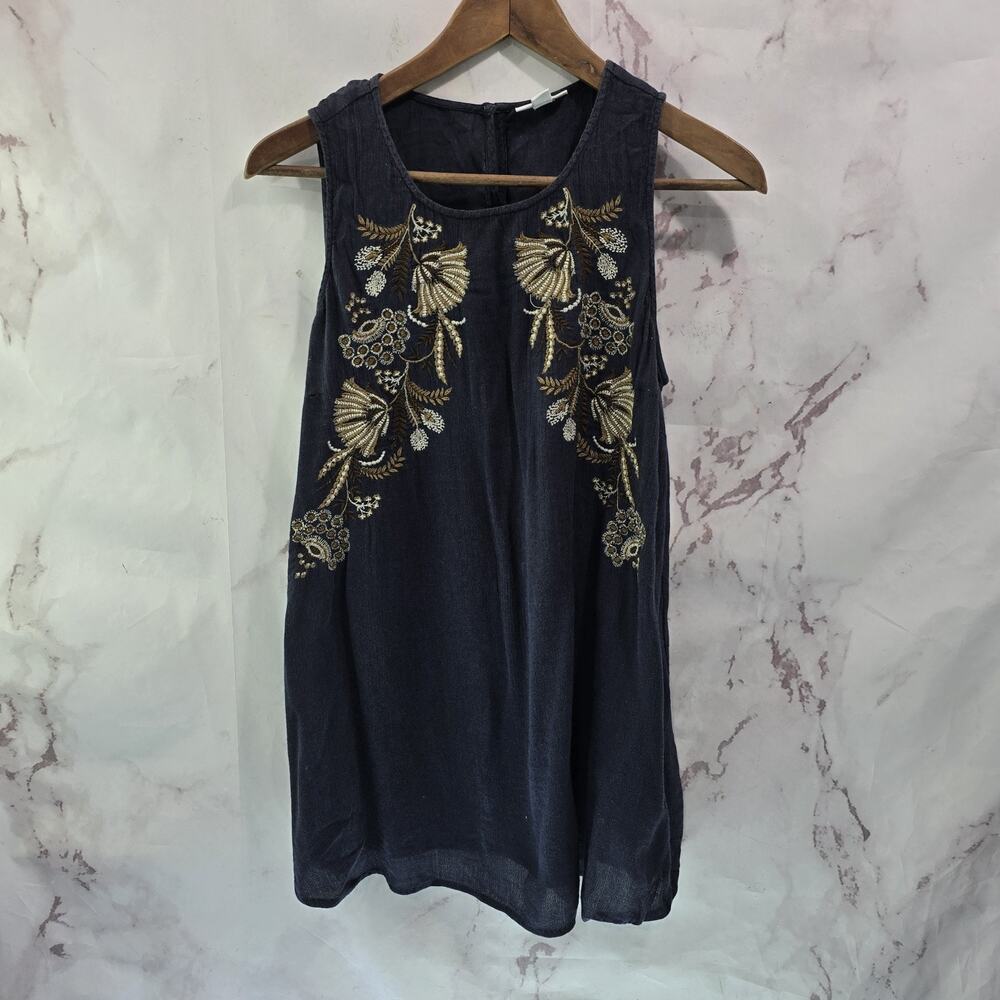 J Jill Shirt Womens Small Blue Tank Top Floral Embroidered Keyhole Dark Navy